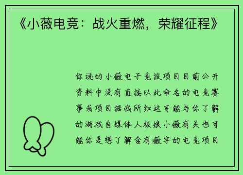 《小薇电竞：战火重燃，荣耀征程》